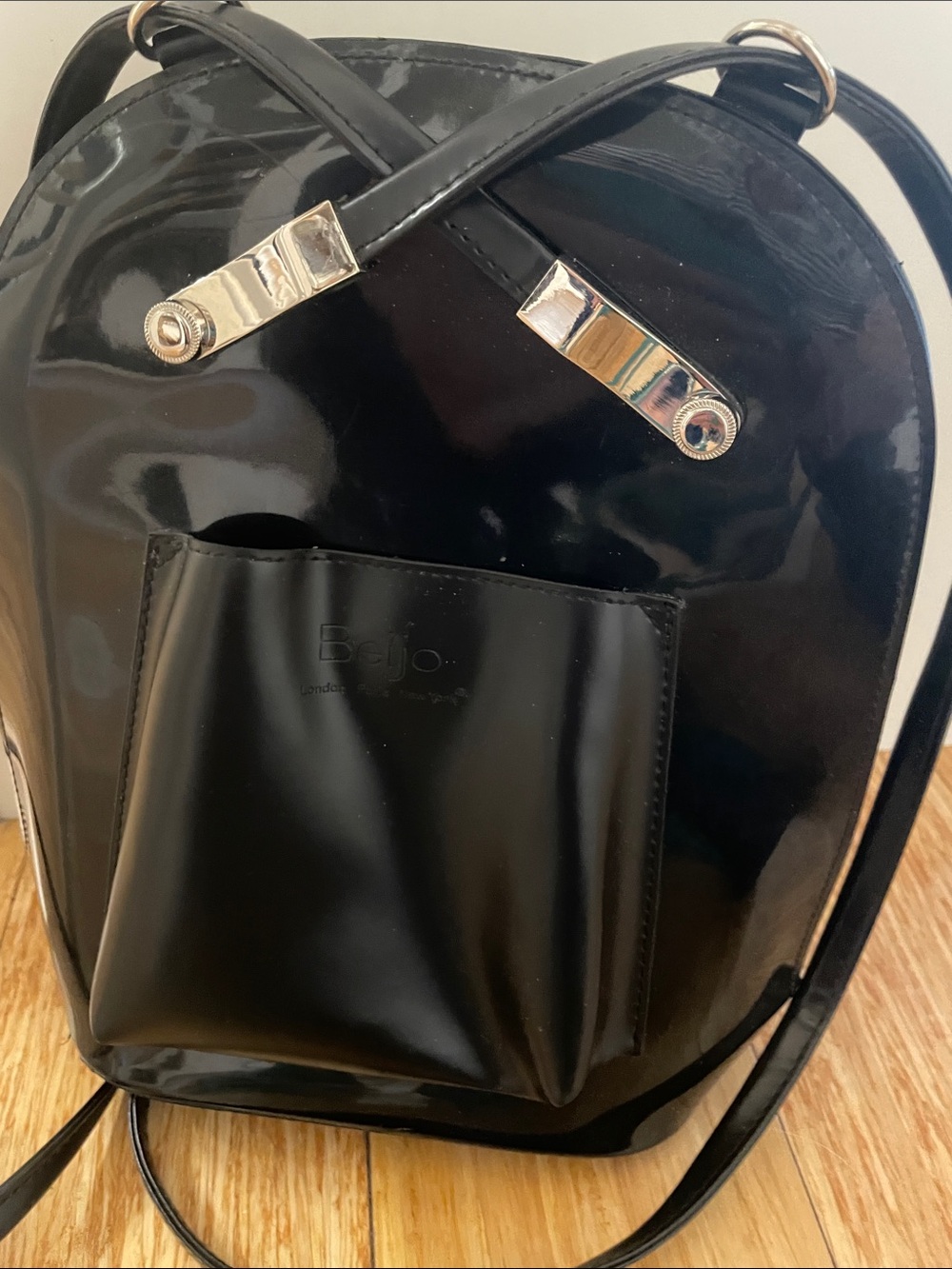 Beijo Black Patent Mini Backpack with Front Pocket